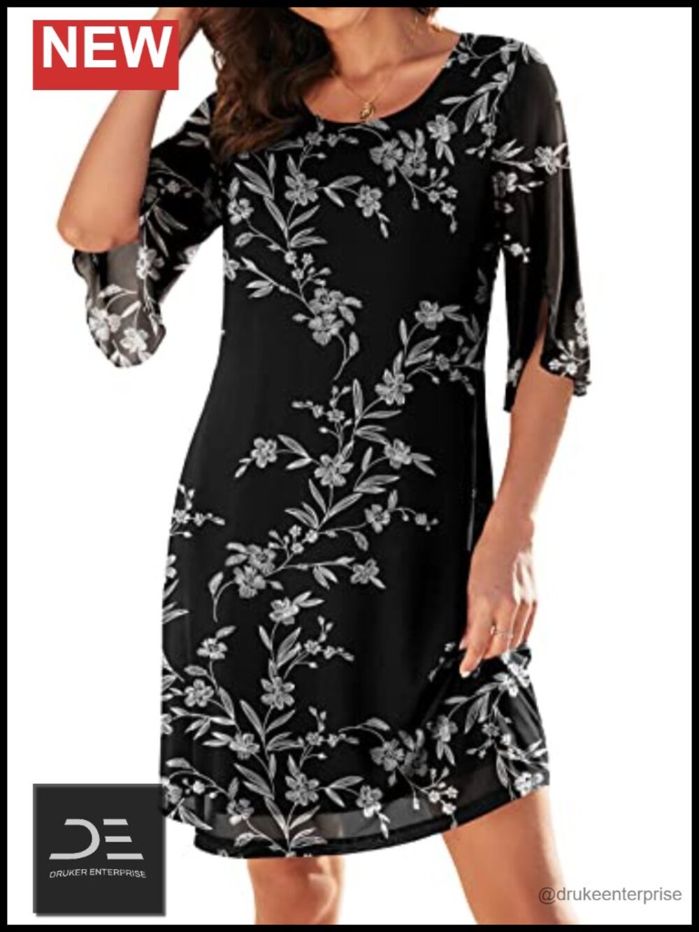 Women's Casual 3/4 Sleeve Midi Wedding Guest Party Dress Scoop Neck